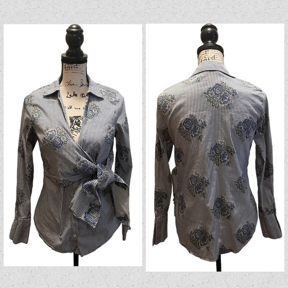 ZARA Woman Striped Floral Wrap Tie Shirt Blue White size Medium Casual button up - Picture 11 of 11